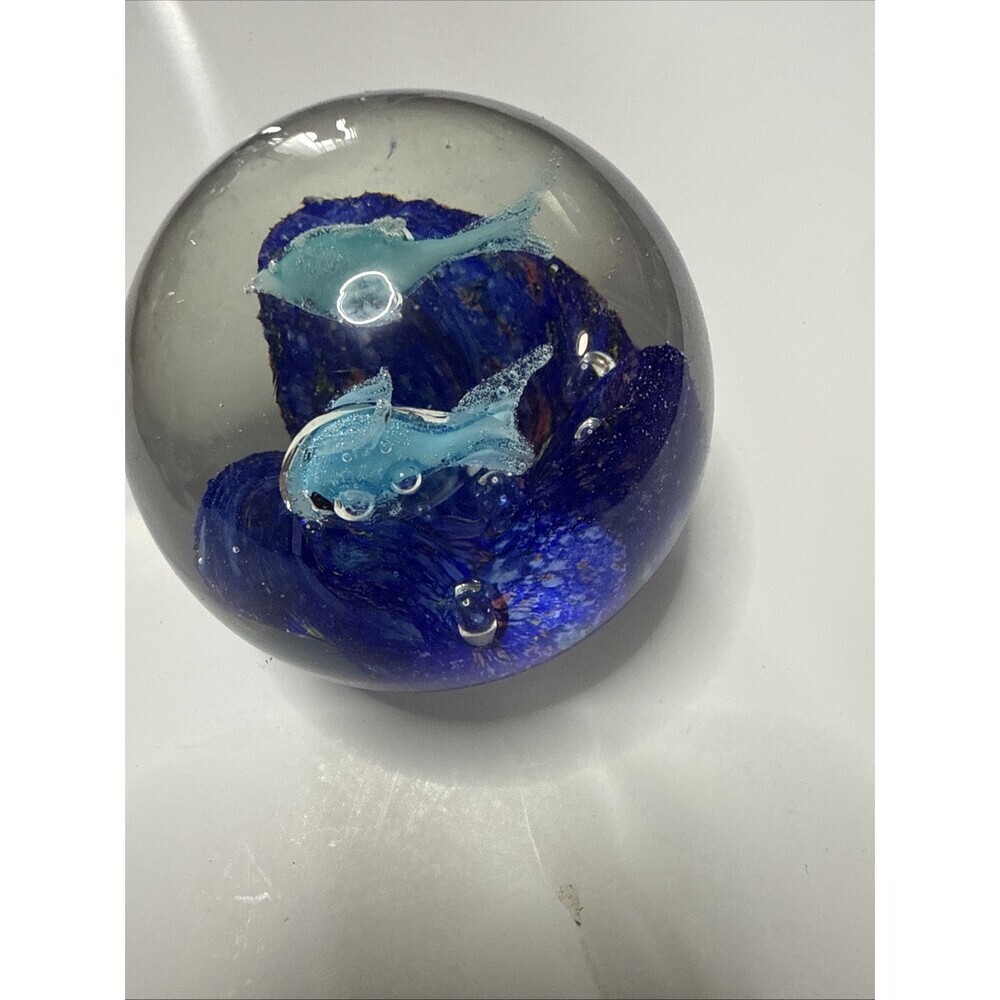 Cobalt Blue Dolphins Glass Paperweight Reef Sea Ocean